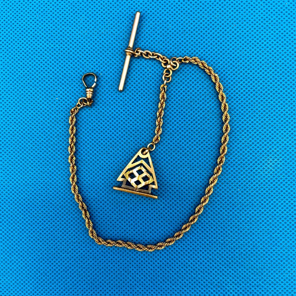 Rose Goldtone Metal 12" Pocket Watch Chain with T-Bar and Monogrammed Fob